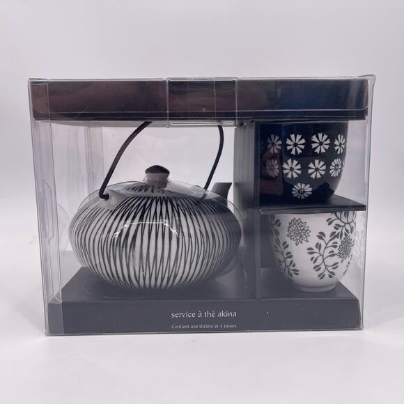 Pier 1 Imports AKINA Tea Pot Four Cup Set Porcelain Black White Pattern NEW - Picture 3 of 10